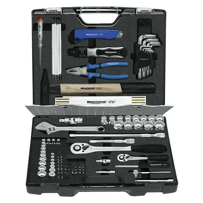 Matador Werkzeugkoffer Automotive - L x B x H: 80 x 357 x 305 mm, Stahl, 103 -tlg. - Bild eines Matador Werkzeugkoffers, gefüllt mit einer Vielzahl von Werkzeugen, die ordentlich in Fächern angeordnet sind.