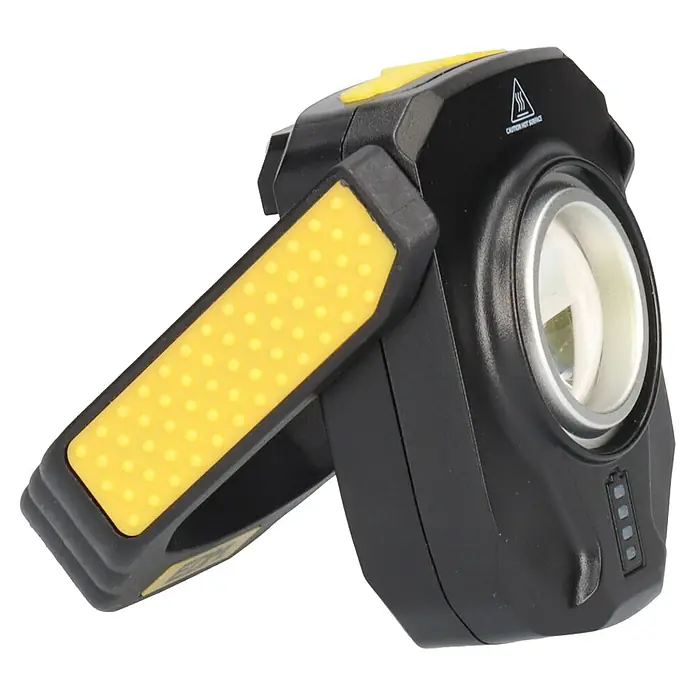 Linterna compacta recargable - 3,5 x 7 x 10 cm, 250 lm - 900 lm, IP44 - Imagen de una lámpara de trabajo LED amarilla y negra.