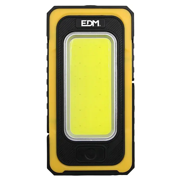 Linterna Solar - 250 lm - 750 lm, IP20 - Luz de trabajo amarilla EDM con sección central negra y luz brillante, ideal para taller y obra.