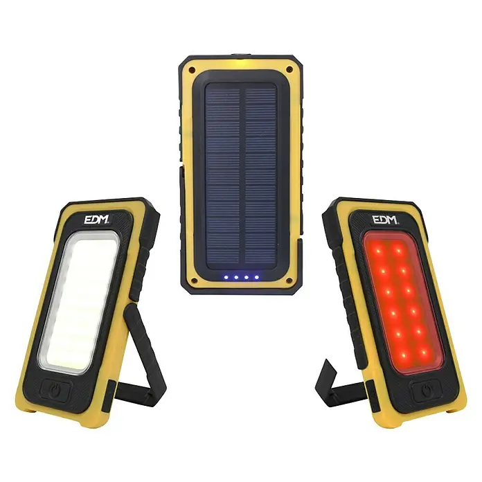 Linterna Solar - 250 lm - 750 lm, IP20 - Vista triple de una luz de trabajo amarilla EDM con panel solar, luz LED blanca y luz de advertencia roja.