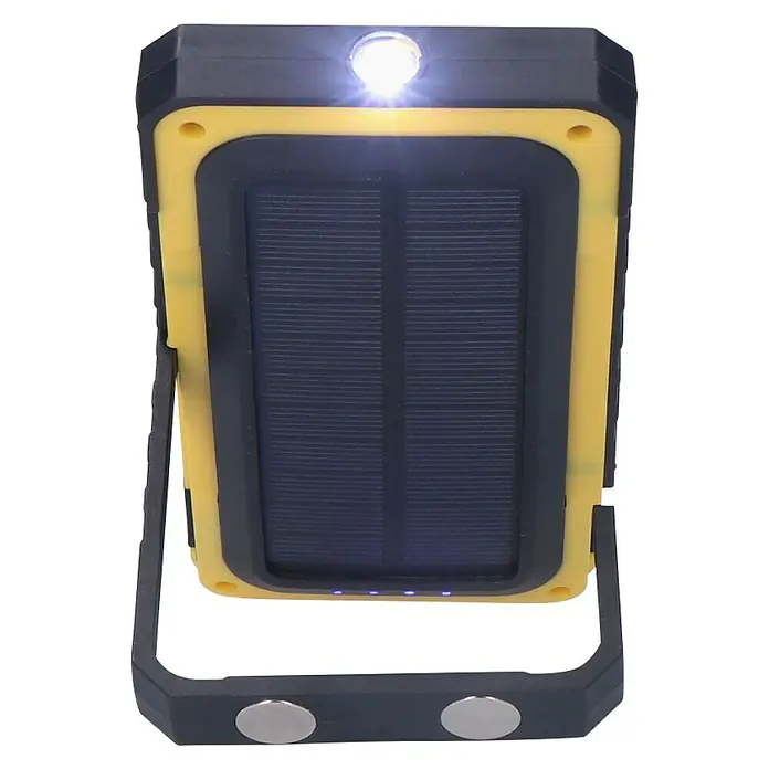 Linterna Solar - 250 lm - 750 lm, IP20 - Imagen del producto de un cargador solar con borde amarillo y luz LED integrada, ideal para actividades al aire libre y emergencias.