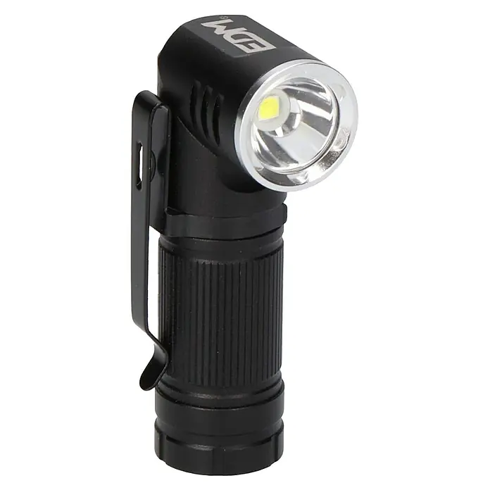 Linterna Mini Plegable - 2,5 x 2,5 x 9,5 cm, 200 lm - 450 lm, IP54 - Primer plano de una linterna angular negra EDM con bisel plateado y clip. Ideal para taller y actividades al aire libre.