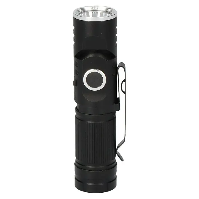 Linterna Mini Plegable - 2,5 x 2,5 x 9,5 cm, 200 lm - 450 lm, IP54 - Primer plano de una linterna negra con adornos plateados y un clip, diseñada para usarse en la oscuridad o en condiciones de poca luz.