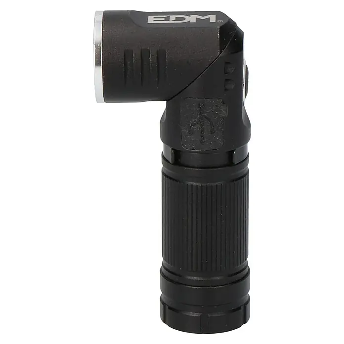 Linterna Mini Plegable - 2,5 x 2,5 x 9,5 cm, 200 lm - 450 lm, IP54 - Una linterna EDC negra de ángulo recto con detalles cromados y la inscripción "EDM", ideal para el uso diario y actividades al aire libre.