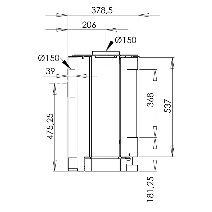 Aduro Kaminofen 15-3 - 6,5 kW, Raumheizvermögen: 334 m³, Material Verkleidung: Stahl, Schwarz - Technische Zeichnung eines Ofens mit Maßangaben zu Höhe, Breite und Durchmesser. Wichtige Details für Installation und Planung.