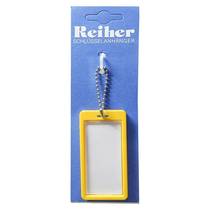 Reiher Schlüsselanhänger - Länge: 75 mm, Gelb - Schlüsselanhänger von Reiher in gelbem Kunststoffrahmen mit Kugelkette und Aufhänger. Ideal für Schlüssel und Ausweise.