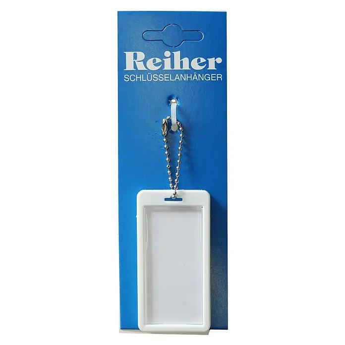 Reiher Schlüsselanhänger - Länge: 75 mm, Weiß - Schlüsselanhänger Reiher mit Kugelkette und Kunststoffhülle auf blauem Karton. Praktisch für Schlüssel und Ausweise.