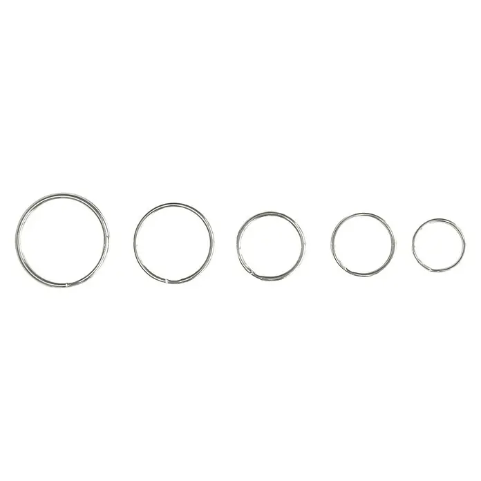 Reiher Schlüsselring-Set - 5 Stk., Vernickelt - Verschiedene Größen von Schlüsselringen aus glänzendem Metall, die sich ideal zum Organisieren von Schlüsseln oder für DIY-Projekte eignen.