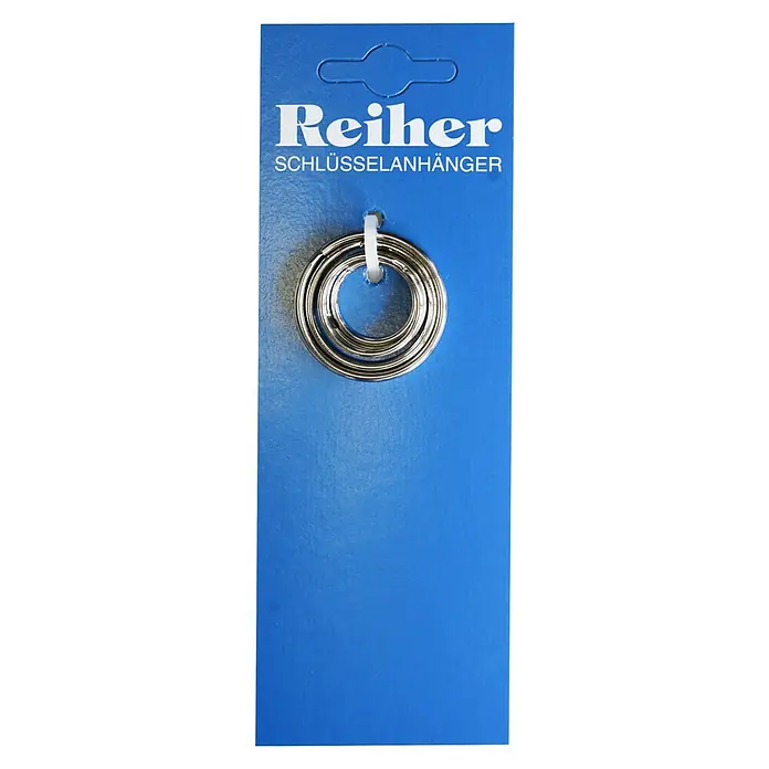 Reiher Schlüsselring-Set - 5 Stk., Vernickelt - Schlüsselanhänger der Marke Reiher, bestehend aus mehreren Metallringen, die an einer blauen Karte befestigt sind und zum Verkauf angeboten werden.