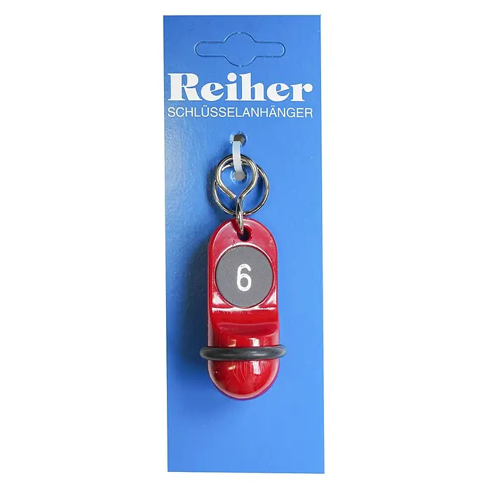 Reiher Schlüsselanhänger Junior Nr. 6 - Länge: 60 mm - Schlüsselanhänger von Reiher mit der Nummer 6 auf blauem Hintergrund, ideal zur Kennzeichnung von Schlüsseln und anderen Gegenständen.