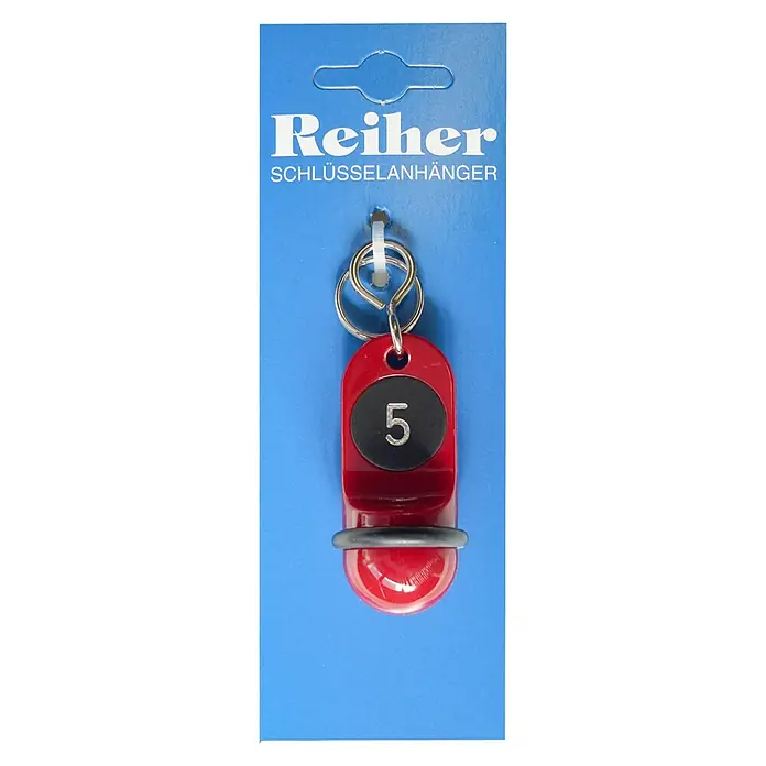 Reiher Schlüsselanhänger Junior Nr. 5 - Länge: 60 mm - Schlüsselanhänger mit rotem Gehäuse und schwarzer Nummer 5, ideal zur Kennzeichnung von Schlüsseln oder Gegenständen.