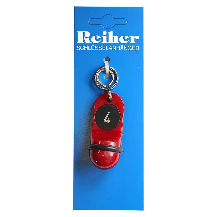Reiher Schlüsselanhänger Junior Nr. 4 - Länge: 60 mm - Roter Schlüsselanhänger mit der Nummer 4 auf blauem Hintergrund. Ideal zum Markieren von Schlüsseln oder Gegenständen mit der Nummer 4.