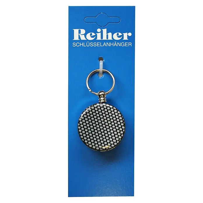 Reiher Schlüsselanhänger - Ø x L: 40 x 600 mm, Gürtelclip, Schwarz, Weiß, Silber - Schlüsselanhänger von Reiher mit Schachbrettmuster auf blauem Hintergrund. Der Anhänger ist ein praktisches Accessoire für den Schlüsselbund.