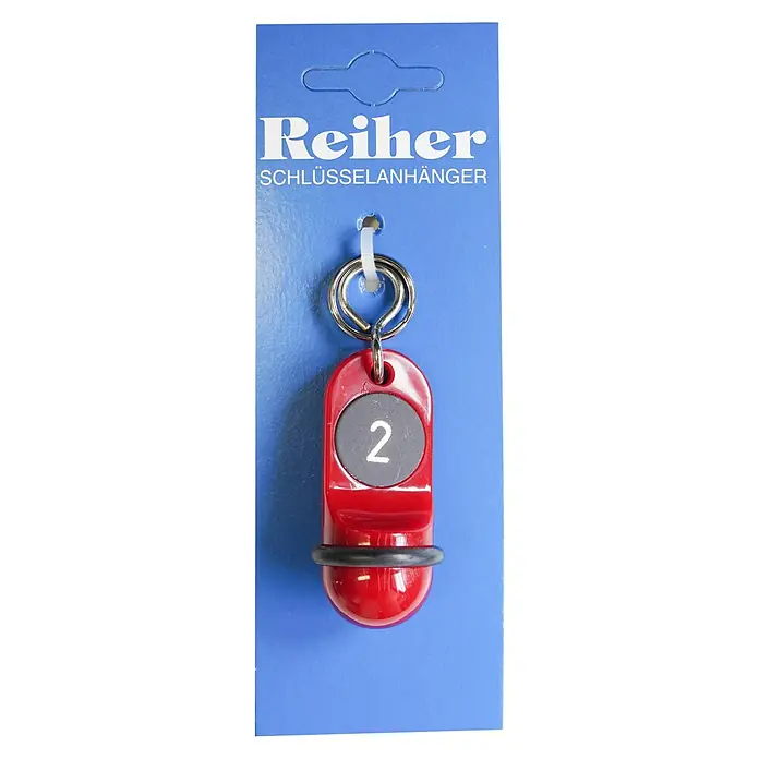 Reiher Schlüsselanhänger Junior Nr. 2 - Länge: 60 mm - Schlüsselanhänger von Reiher mit der Nummer 2, verpackt auf blauem Karton.