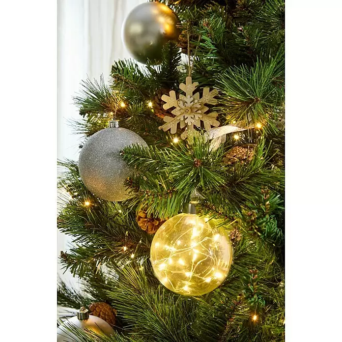 Árbol de Navidad artificial Canmore - Altura: 185 cm, Verde - Un árbol de Navidad decorado con bolas de purpurina, una bola luminosa, un copo de nieve de madera, piñas y luces de hadas cálidas.