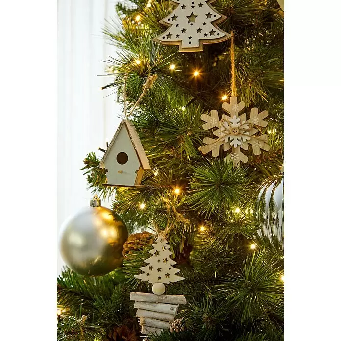 Árbol de Navidad artificial Canmore - Altura: 185 cm, Verde - Árbol de Navidad con adornos de madera (copo de nieve, casita de pájaros, árbol) y luces cálidas.