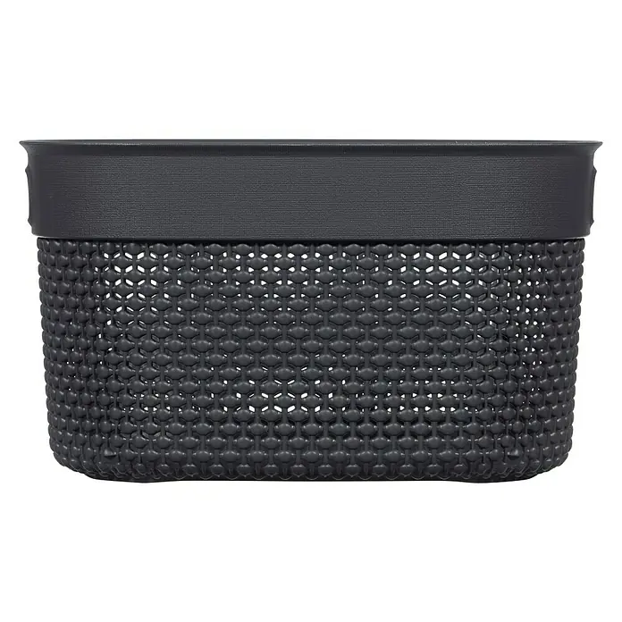 Keter Allzweck-Korb Filo S - L x B x H: 22 x 27 x 15 cm, Dunkel Grau - Ein rechteckiger Pflanztopf mit einer einzigartigen, genoppten Textur und einer glatten, dunklen Oberkante, ideal für Zimmerpflanzen.