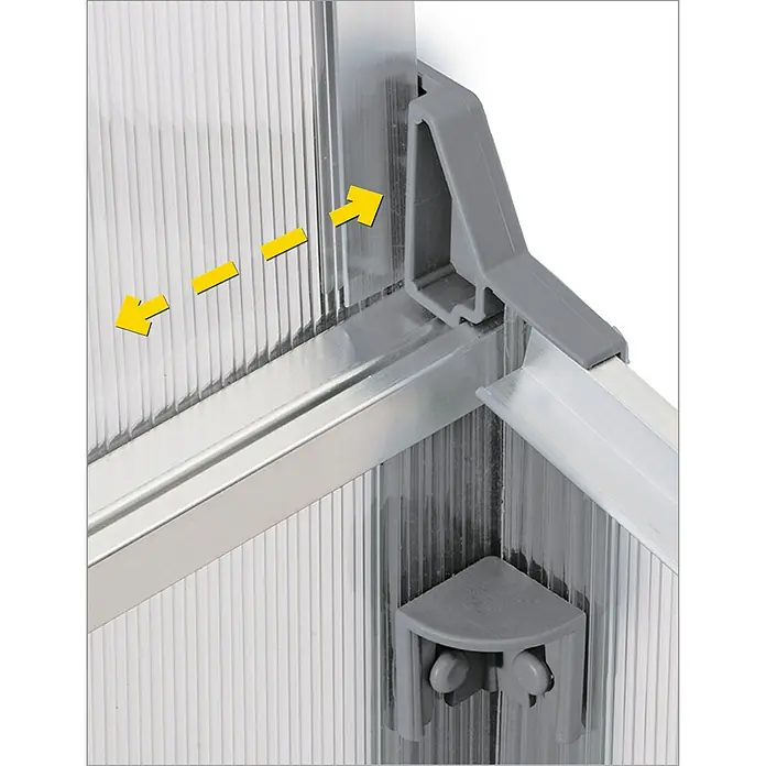 Juwel Easy Fix Doppelfrühbeet - 100 x 120 x 40 cm - Detailaufnahme eines Gewächshausrahmens mit Polycarbonatplatten, Aluminiumprofilen und grauen Eckverbindungsstücken.