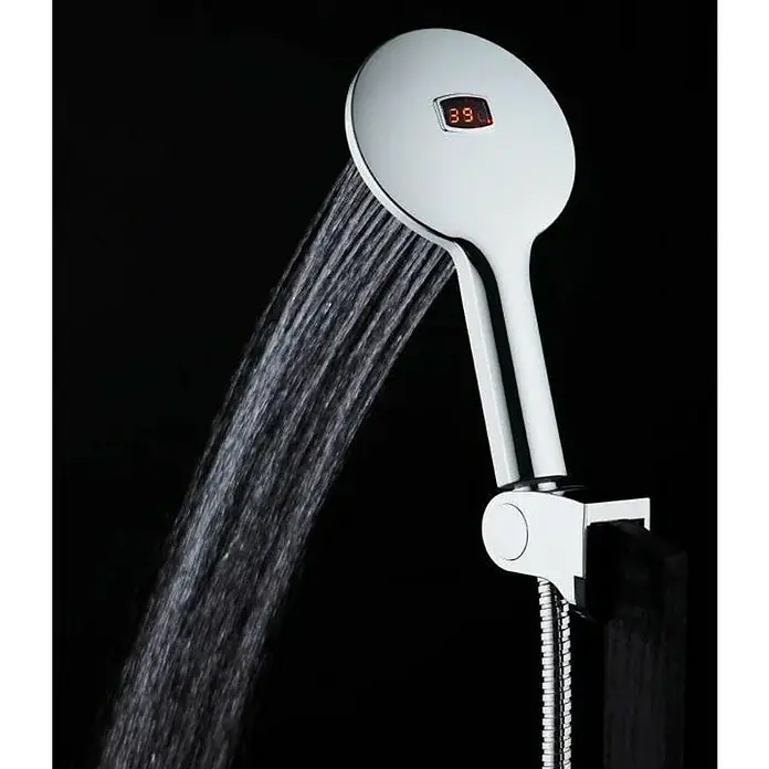 Camargue LED-Handbrause - Weiß/Chrom, Durchmesser: 12 cm - Moderne Duschbrause mit digitaler Temperaturanzeige, die Komfort und Technologie im Badezimmer vereint. Genießen Sie präzise Temperaturkontrolle.