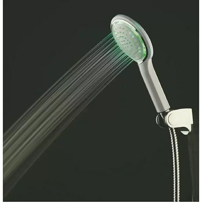 Camargue LED-Handbrause - Weiß/Chrom, Durchmesser: 12 cm - Handbrause mit grünem LED-Licht, Wasser sprühend, an Metallschlauch und Wandhalterung.