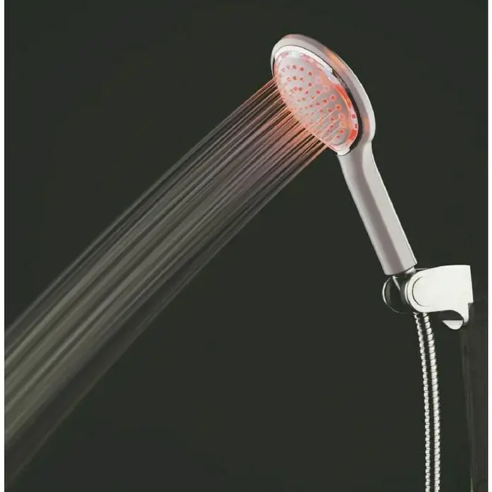 Camargue LED-Handbrause - Weiß/Chrom, Durchmesser: 12 cm - Moderne Handbrause mit LED-Beleuchtung im Betrieb. Das Wasser wird durch die roten Düsen gedrückt und erzeugt einen schönen Effekt.