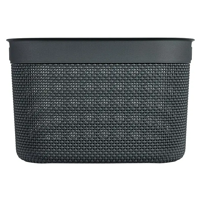 Keter Allzweck-Korb Filo XL - L x B x H: 33 x 44 x 27 cm, Dunkel Grau - Nahaufnahme eines grauen, strukturierten Pflanzgefäßes mit einem dunkleren Rand auf schwarzem Hintergrund, das Textur und Form hervorhebt.