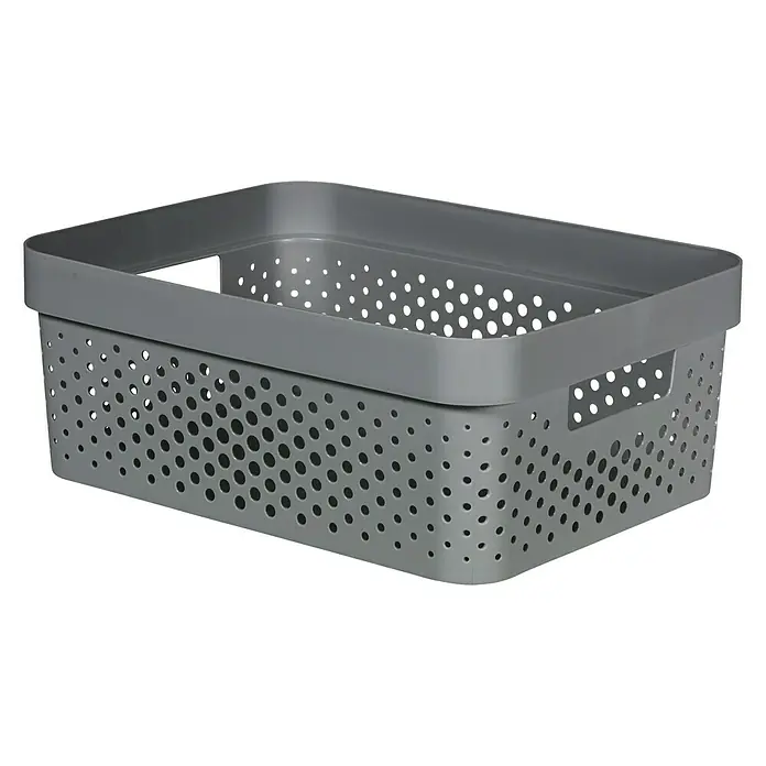 Curver Aufbewahrungsbox Infinity - L x B x H: 35,6 x 26,6 x 13,6 cm, Kunststoff, Grau - Grauer, rechteckiger Aufbewahrungskorb aus Kunststoff mit perforiertem Design und Griffen für einfache Organisation.