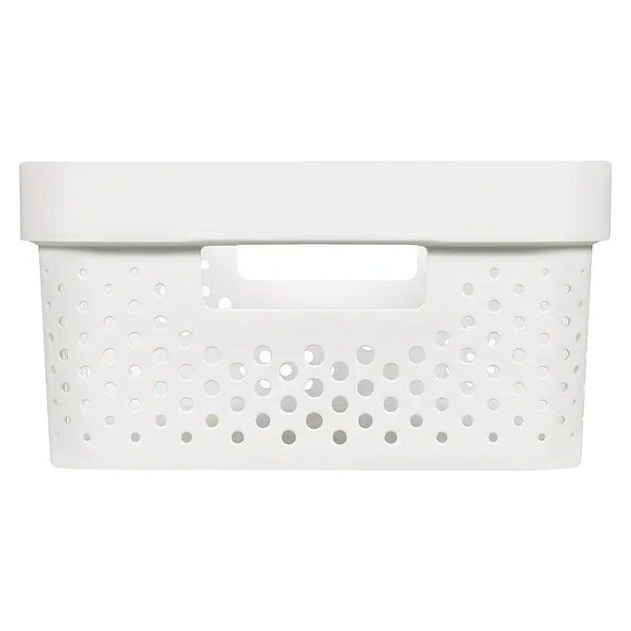 Curver Aufbewahrungsbox Infinity - L x B x H: 35,6 x 26,6 x 13,6 cm, Kunststoff, Weiß - Nahaufnahme eines weißen, perforierten Aufbewahrungskorbs mit Griffen, ideal für die Organisation im ganzen Haus.