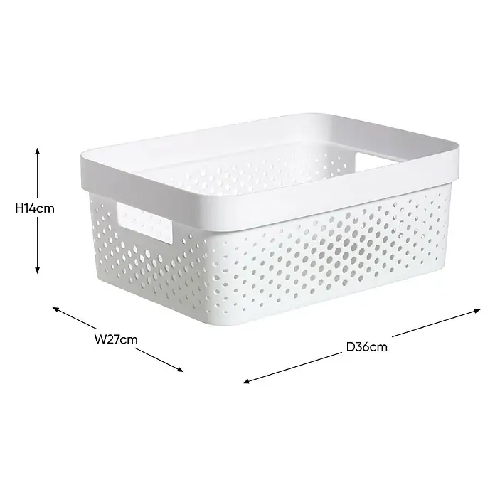 Curver Aufbewahrungsbox Infinity - L x B x H: 35,6 x 26,6 x 13,6 cm, Kunststoff, Weiß - Ein weißer, rechteckiger Korb mit Löchern, der mit H14cm, B27cm und T36cm beschriftet ist.