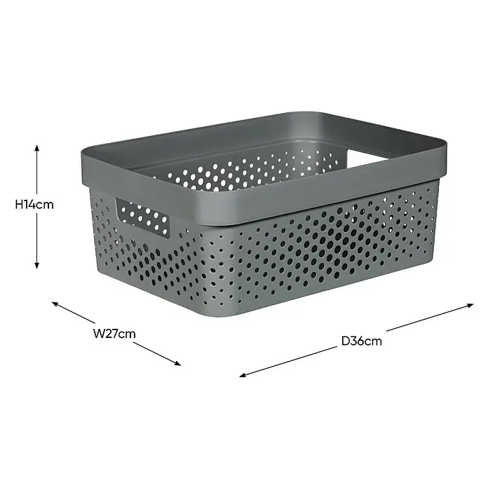 Curver Aufbewahrungsbox Infinity - L x B x H: 35,6 x 26,6 x 13,6 cm, Kunststoff, Grau - Grauer, perforierter Korb mit den Maßen H14cm x B27cm x T36cm für stilvolle Aufbewahrung im ganzen Haus.