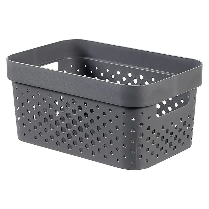 Curver Aufbewahrungsbox Infinity - L x B x H: 26 x 17,5 x 12,3 cm, Kunststoff, Grau - Grauer, rechteckiger Aufbewahrungskorb aus Kunststoff mit vielen Löchern und abgerundeten Ecken für eine stilvolle Organisation.