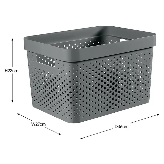 Curver Aufbewahrungsbox Infinity - L x B x H: 35,6 x 26,6 x 21,8 cm, Kunststoff, Grau - Grauer Kunststoffkorb mit Löchern und den Maßen H22cm x B27cm x T36cm zur Aufbewahrung von Gegenständen.