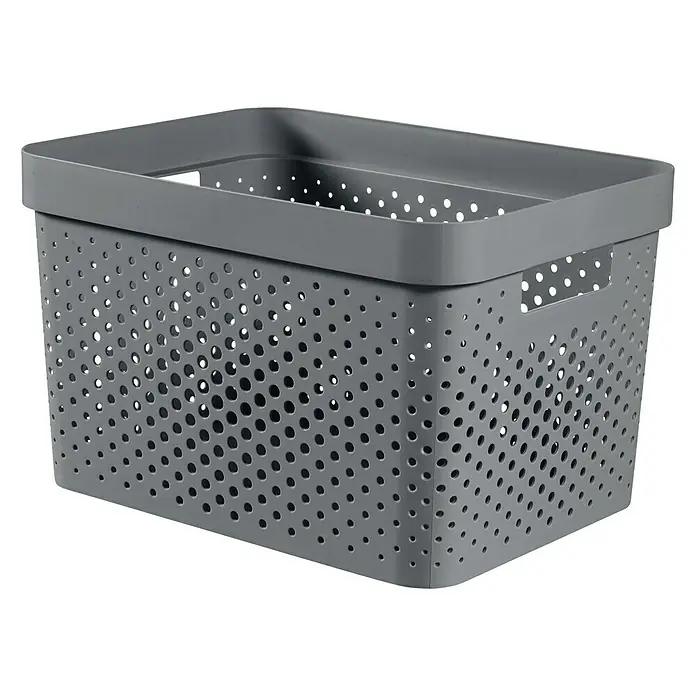 Curver Aufbewahrungsbox Infinity - L x B x H: 35,6 x 26,6 x 21,8 cm, Kunststoff, Grau - Grauer Kunststoffkorb mit vielen kleinen Löchern und Griffen für die Aufbewahrung und Organisation von Gegenständen.