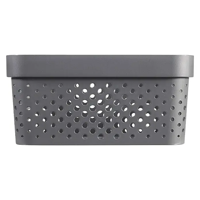 Curver Aufbewahrungsbox Infinity - L x B x H: 26 x 17,5 x 12,3 cm, Kunststoff, Grau - Abgebildeter grauer, perforierter Korb zur Aufbewahrung verschiedener Gegenstände des täglichen Bedarfs. Er bietet Funktionalität und Ästhetik.