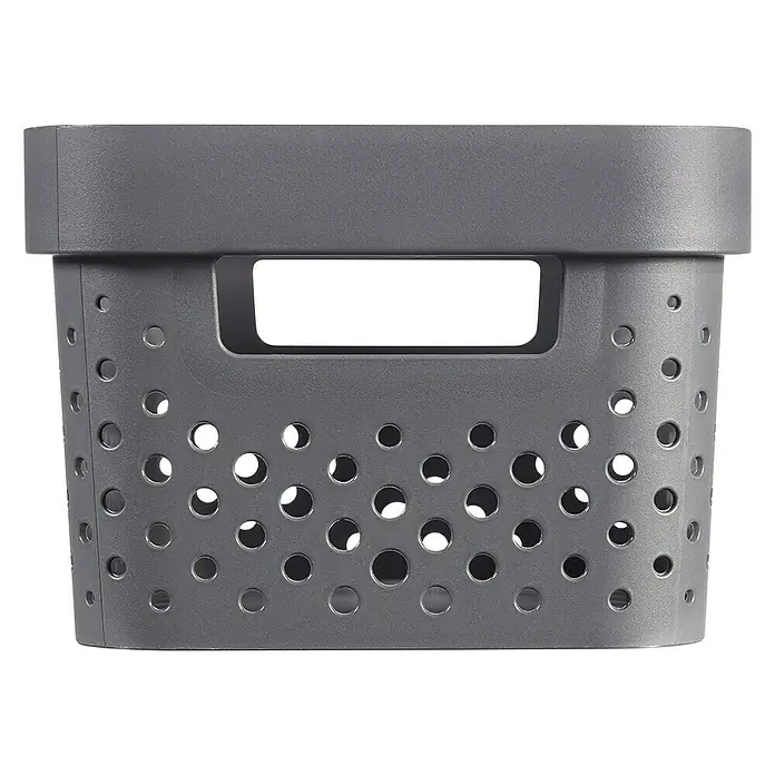 Curver Aufbewahrungsbox Infinity - L x B x H: 26 x 17,5 x 12,3 cm, Kunststoff, Grau - Nahaufnahme eines perforierten, grauen Kunststoffbehälters mit Griffen. Praktische Aufbewahrungslösung für diverse Gegenstände.