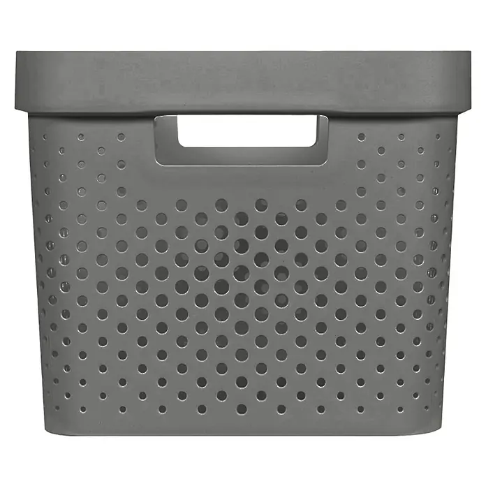 Curver Aufbewahrungsbox Infinity - L x B x H: 35,6 x 26,6 x 21,8 cm, Kunststoff, Grau - Eine graue, perforierte Wäschetonne mit praktischen Griffen, ideal für Badezimmer oder Waschküche, bietet Belüftung und Stil.