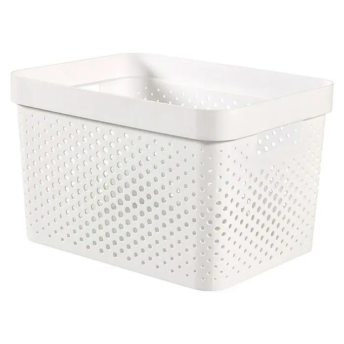 Curver Aufbewahrungsbox Infinity - L x B x H: 35,6 x 26,6 x 21,8 cm, Kunststoff, Weiß - Ein weißer, perforierter Kunststoffkorb mit rechteckiger Form und abgerundeten Ecken, ideal für die Aufbewahrung im Haushalt.