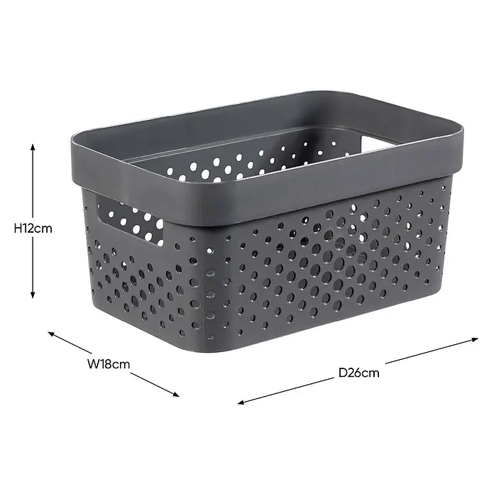 Curver Aufbewahrungsbox Infinity - L x B x H: 26 x 17,5 x 12,3 cm, Kunststoff, Grau - Grauer Kunststoffbehälter mit Abmessungen (H12cm, W18cm, D26cm) und Lochmuster.