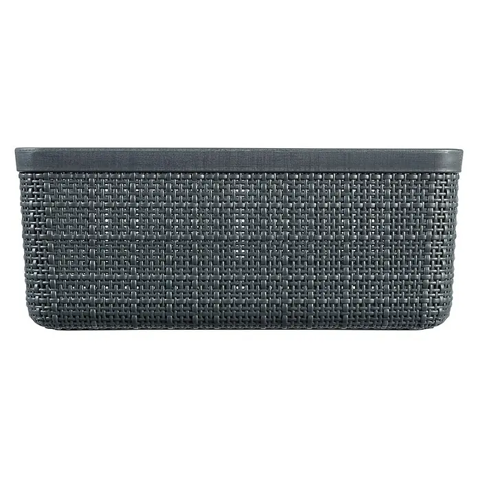 Curver Aufbewahrungsbox Jute-Optik - L x B x H: 27 x 20 x 11 cm, Kunststoff, Grau - Ein grauer, rechteckiger Korb aus Korbgeflecht mit einem verstärkten Rand, ideal zur Aufbewahrung von Gegenständen.