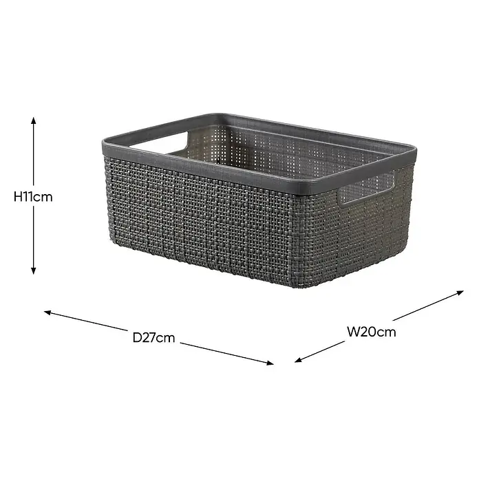 Curver Aufbewahrungsbox Jute-Optik - L x B x H: 27 x 20 x 11 cm, Kunststoff, Grau - Ein grauer, rechteckiger Korb mit geflochtenem Design und Griffen. Die Maße sind Höhe 11cm, Breite 20cm und Tiefe 27cm.