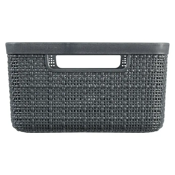 Curver Aufbewahrungsbox Jute-Optik - L x B x H: 27 x 20 x 11 cm, Kunststoff, Grau - Grauer Korb mit gewebter Textur und rechteckigem Griffloch, ideal für Aufbewahrungslösungen.