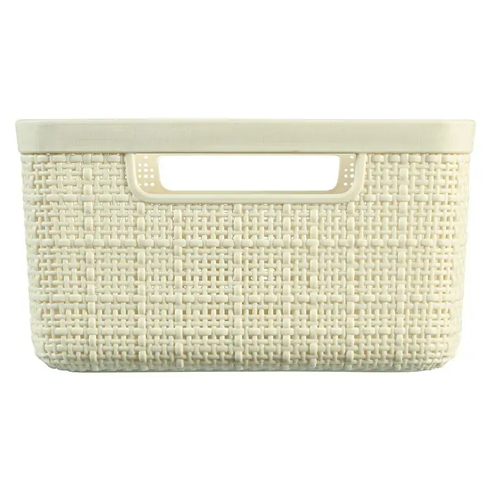 Curver Aufbewahrungsbox Jute - L x B x H: 27 x 20 x 11 cm, Kunststoff, Creme - Ein beigefarbener Aufbewahrungskorb mit gewebtem Design und Griffen, ideal für die Organisation im Haus.