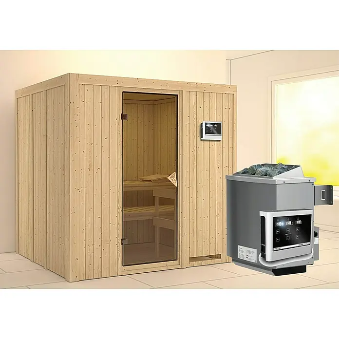 Karibu Elementsauna Sodin - Mit 9 kW Ofen mit externer Steuerung, Ohne Dachkranz, L x B x H: 196 x 170 x 192 cm - Eine hochwertige Sauna mit Holzverkleidung und einem modernen Saunaofen für ein entspannendes Wellness-Erlebnis zu Hause.