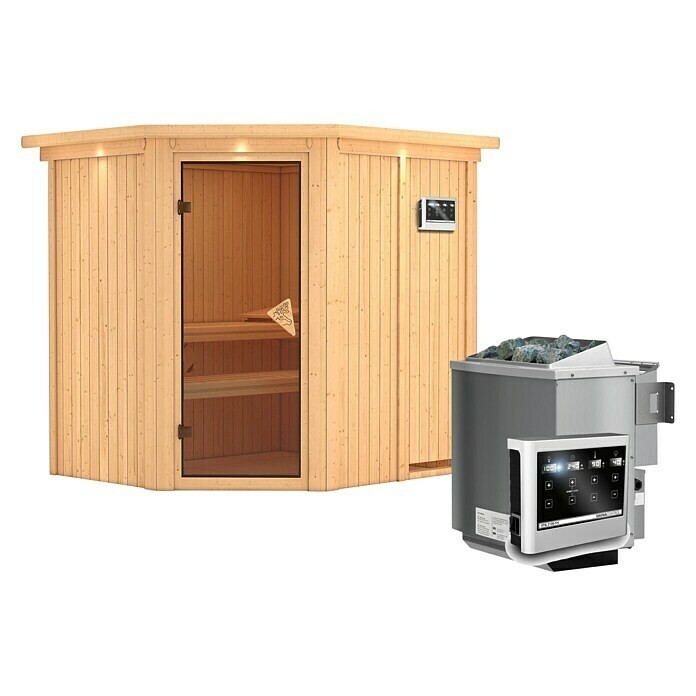 Karibu Elementsauna Siirin (Mit 9 kW Bio-Ofen mit externer Steuerung, Mit Dachkranz und Beleuchtung, Materialspezifizierung Tür: Ganzglas Bronze, L x