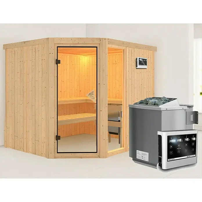 Karibu Elementsauna Fiona - Mit 9 kW Bio-Ofen mit externer Steuerung, Ohne Dachkranz, L x B x H: 231 x 196 x 192 cm - Abbildung einer Ecksauna mit Glastür und Saunasteuerung. Entspannen Sie sich in Ihrem eigenen Wellnessbereich.