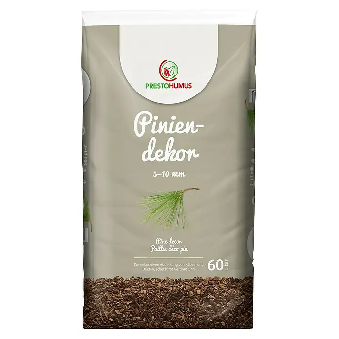 Prestohum Dekor-Mulch Pinien-Rinde - 60 l, 5 mm - 10 mm, Braun - Produktbild eines 60-Liter-Sacks Presto Humus Pinien-Dekor (5-10 mm) für dekorative Beetabdeckung und Kübel.