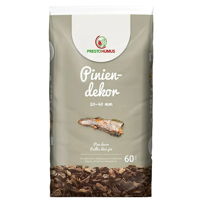 Prestohum Dekor-Mulch Pinien-Rinde - 60 l, 20 mm - 40 mm, Braun - Eine Packung Pinien-dekor von Presto Humus, ein Bodenbelag aus Pinienrinde für den Garten.