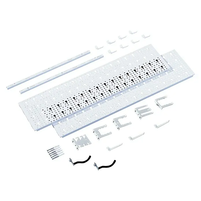Element System Classic Lochwand-Set Organizer 1 - 2 x Stahllochplatten 80 x 20 cm, 2 x Wandschienen 50 cm, 18 verschiedene Werkzeughalter, Montagematerial, 28 -tlg. - Das Bild zeigt eine Auswahl an Regalböden, Halterungen und Zubehör zur individuellen Gestaltung eines Regalsystems.
