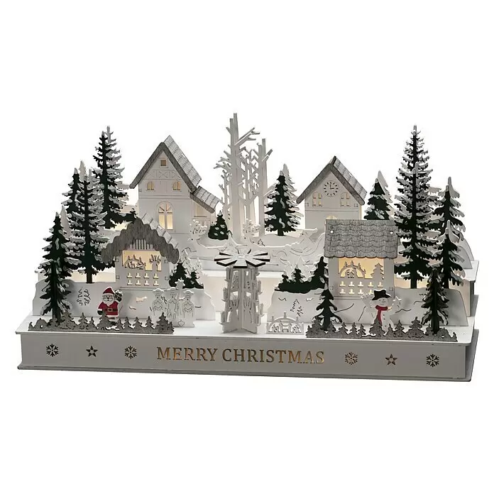 Konstsmide LED-Holzsilhouette Weihnachtsdorf - 45 x 16 x 23 cm, Batteriebetrieben, Warmweiß, 0,72 W - Vorderansicht