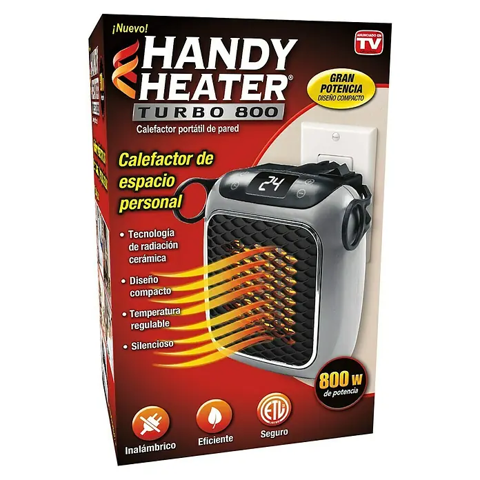 Calefactor cerámico Handy Heater - Gris, 11,5 x 14,6 x 22,9 cm - Imagen de un embalaje para un Handy Heater Turbo 800, un calefactor de pared portátil para espacio personal.